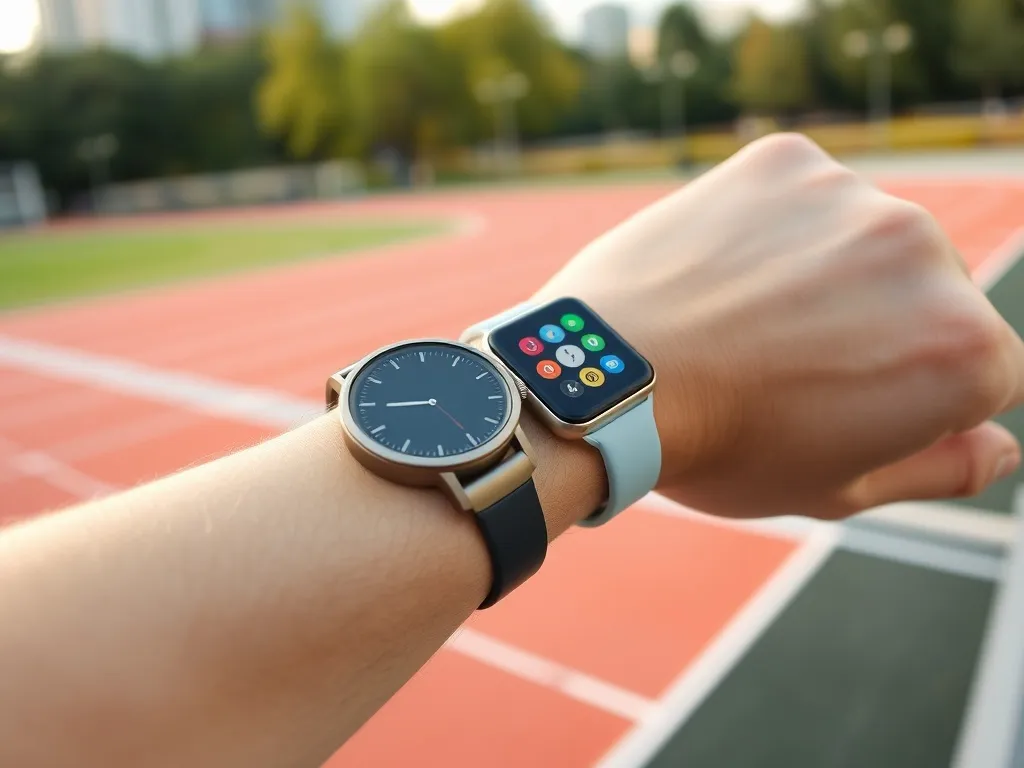 Nadgarstek z zegarkiem sportowym i kolorowym smartwatchem na tle bieżni, ukazujący różnice między tymi urządzeniami