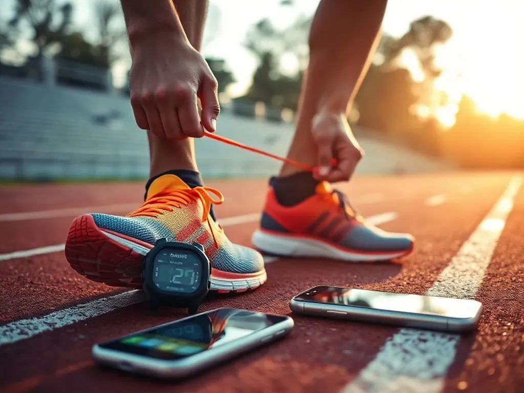 Biegacz wiąże kolorowe buty na bieżni, obok leżą stoper i smartfon z apką treningową, przygotowanie do interwałów