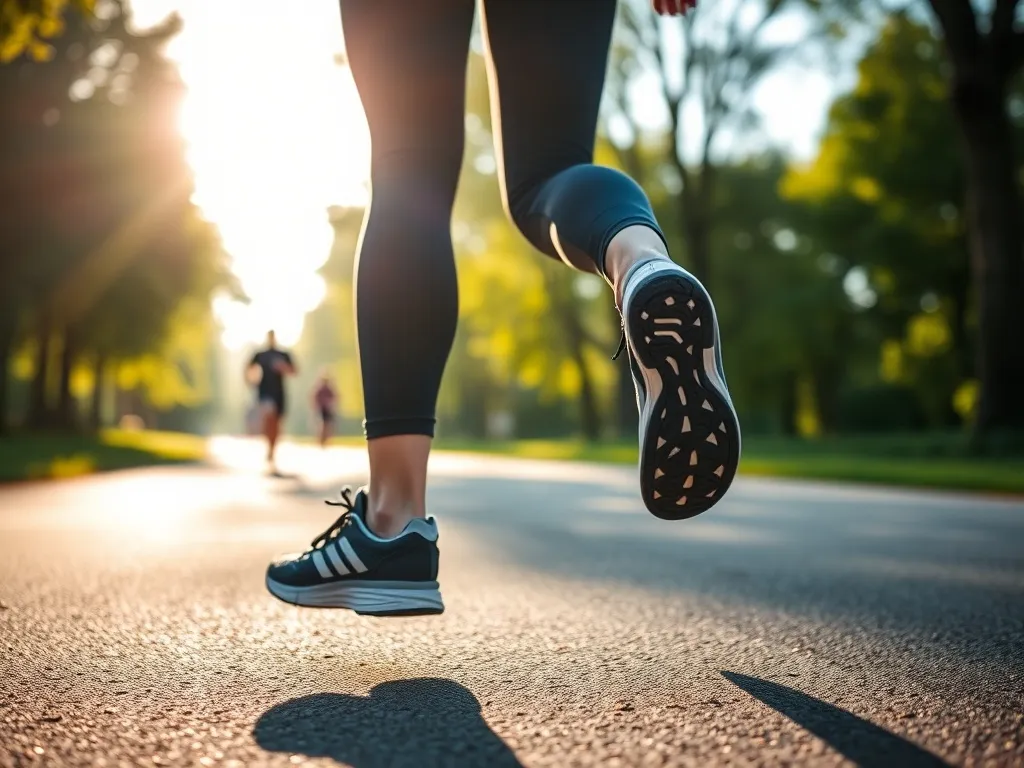 Biegnąca osoba w parku w porannym słońcu, sportowe legginsy i zegarek fitness, dynamiczna scena motywująca do spalania kalorii.
