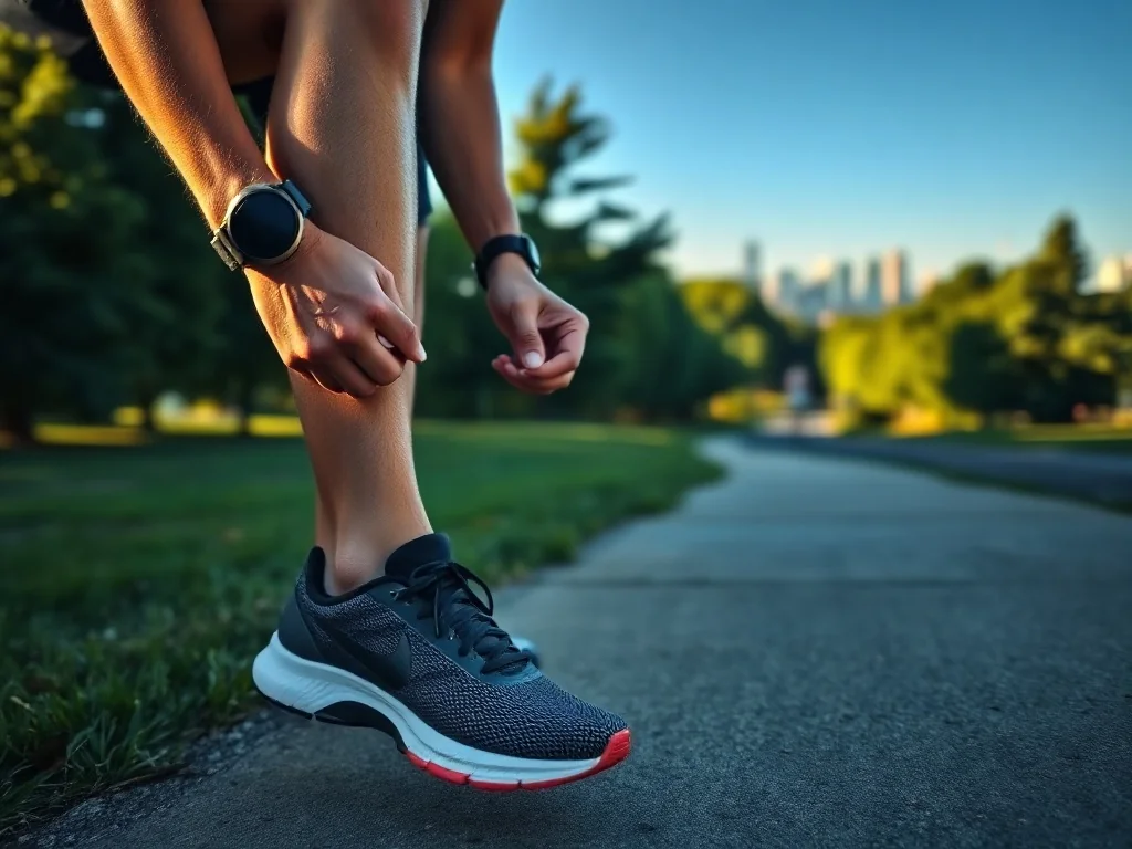 Biegacz wiąże buty do biegania na parkowej ścieżce o poranku, w tle długa trasa treningowa prowadząca do maratonu.