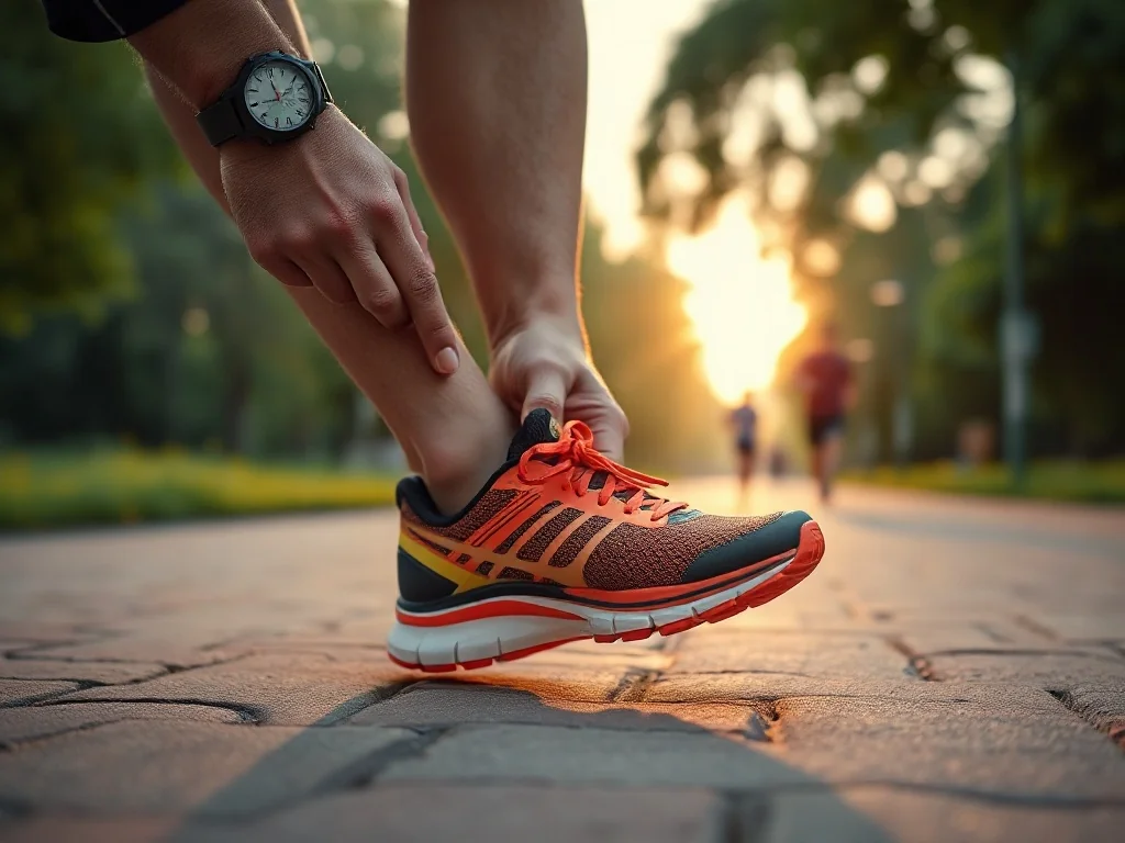 Biegacz wiąże buty do biegania o świcie w parku, gotowy do treningu do półmaratonu na alejce wśród zieleni.