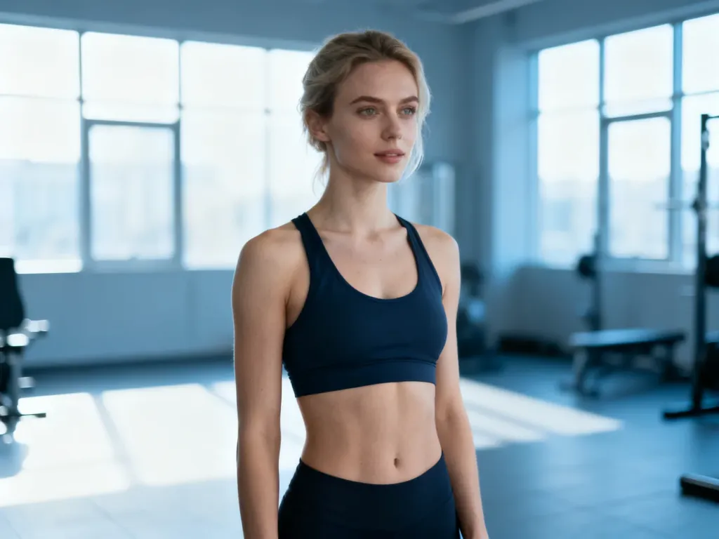 Kobieta w nowoczesnym studio fitness z rozluźnionym, naturalnym brzuchem, prezentująca zdrową postawę ciała.