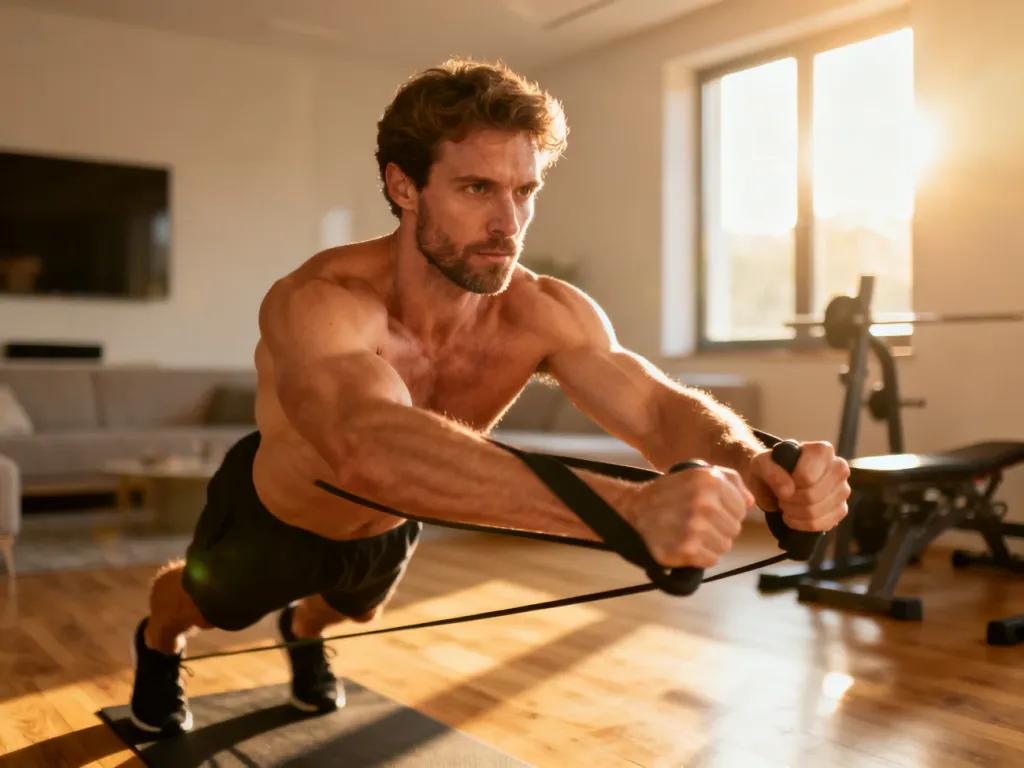 Mężczyzna wykonuje ćwiczenia na bicepsy z gumą oporową w nowoczesnym salonie, demonstrując trening siłowy w domu.