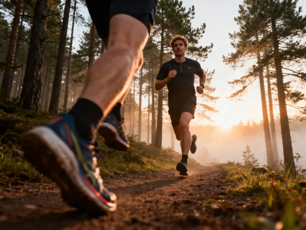 Mężczyzna w stroju sportowym biegnący leśną ścieżką o wschodzie słońca, co ilustruje początek treningu wytrzymałościowego.