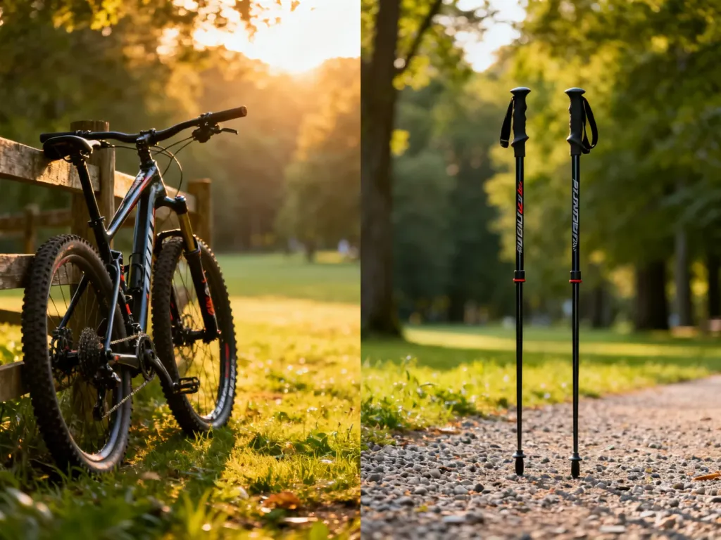 Rower górski oparty o płot oraz kije do nordic walking na ścieżce w słonecznym, zielonym parku.