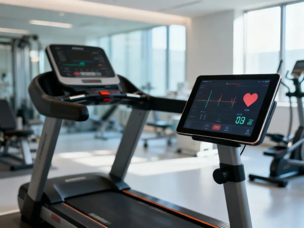 Profesjonalny bieżnia i tablet z monitorem tętna w laboratorium sportowym, gotowe do przeprowadzenia testu progu mleczanowego.