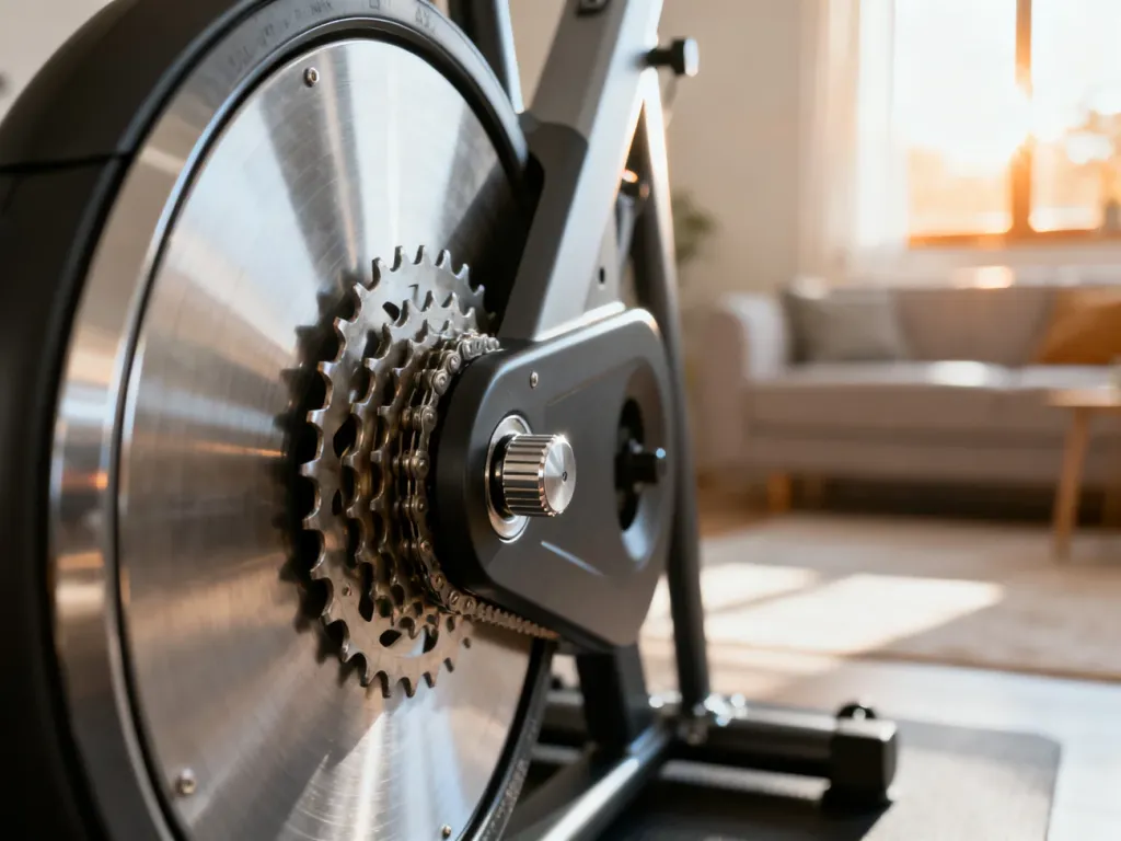 Mechanizm regulacji oporu w nowoczesnym rowerze stacjonarnym w jasnym, domowym wnętrzu.