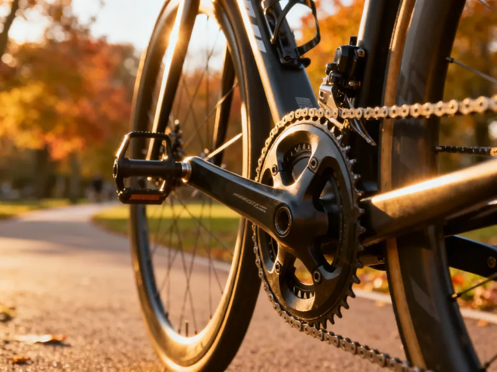 Zbliżenie na mechanizm korbowy i pedał nowoczesnego roweru szosowego w jesiennej scenerii.
