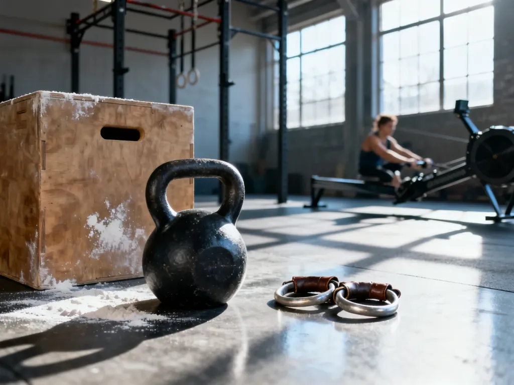 Sprzęt do treningu crossowego, w tym kettlebell i skrzynia, w profesjonalnej sali sportowej.
