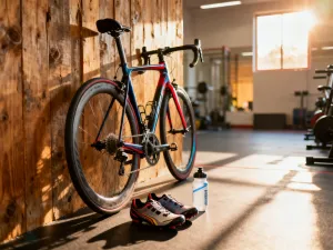 Nowoczesna rama roweru szosowego typu endurance na tle malowniczej wiejskiej drogi o zachodzie słońca.