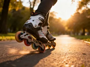 Profesjonalne rolki na gładkiej asfaltowej ścieżce w parku w promieniach zachodzącego słońca.