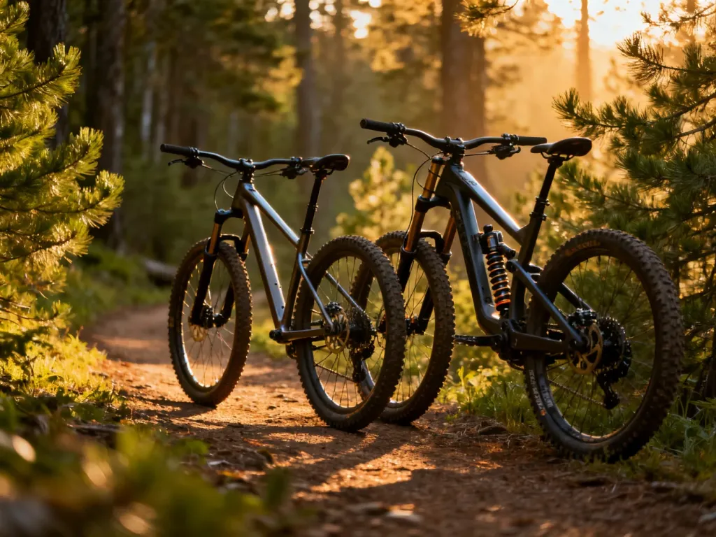 Porównanie roweru typu hardtail i full suspension zaparkowanych na leśnej ścieżce w świetle zachodzącego słońca.