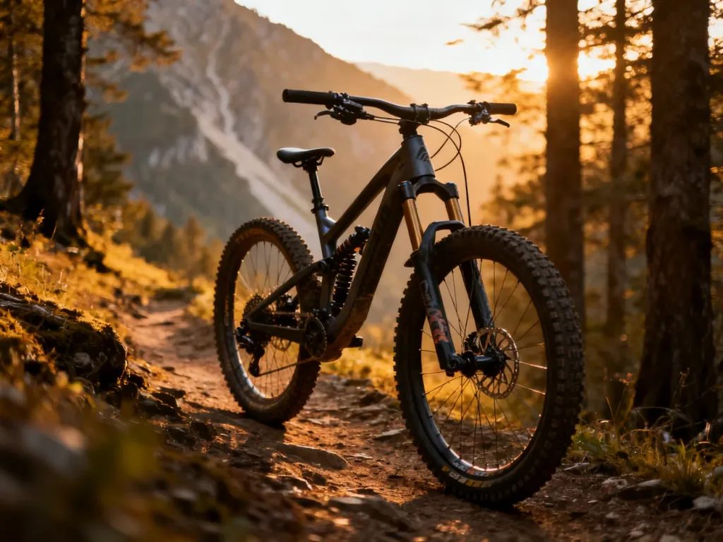 Profesjonalny rower enduro na górskim szlaku w blasku zachodzącego słońca. Sprzęt z pełnym zawieszeniem w terenie.