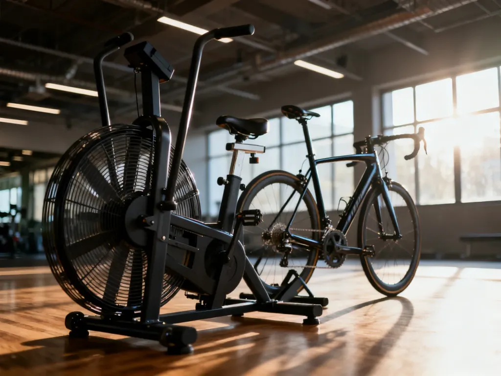 Air bike i rower stacjonarny ustawione obok siebie w nowoczesnej siłowni, gotowe do porównania treningowego.