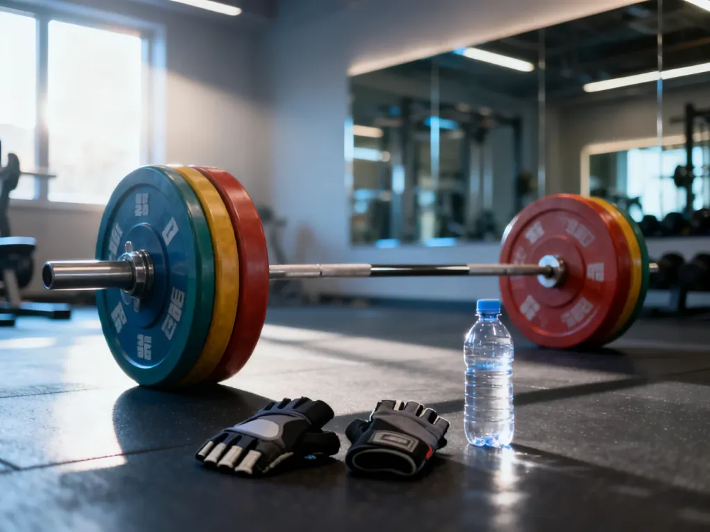 Profesjonalna sztanga z kolorowymi obciążeniami, rękawicami i bidonem w nowoczesnej sali fitness przygotowanej do treningu.