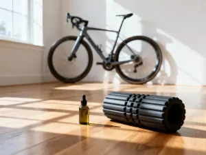 Zestaw profesjonalnego sprzętu fitness, w tym hantle, mata do jogi i gumy oporowe, przygotowany do treningu w nowoczesnej sali.
