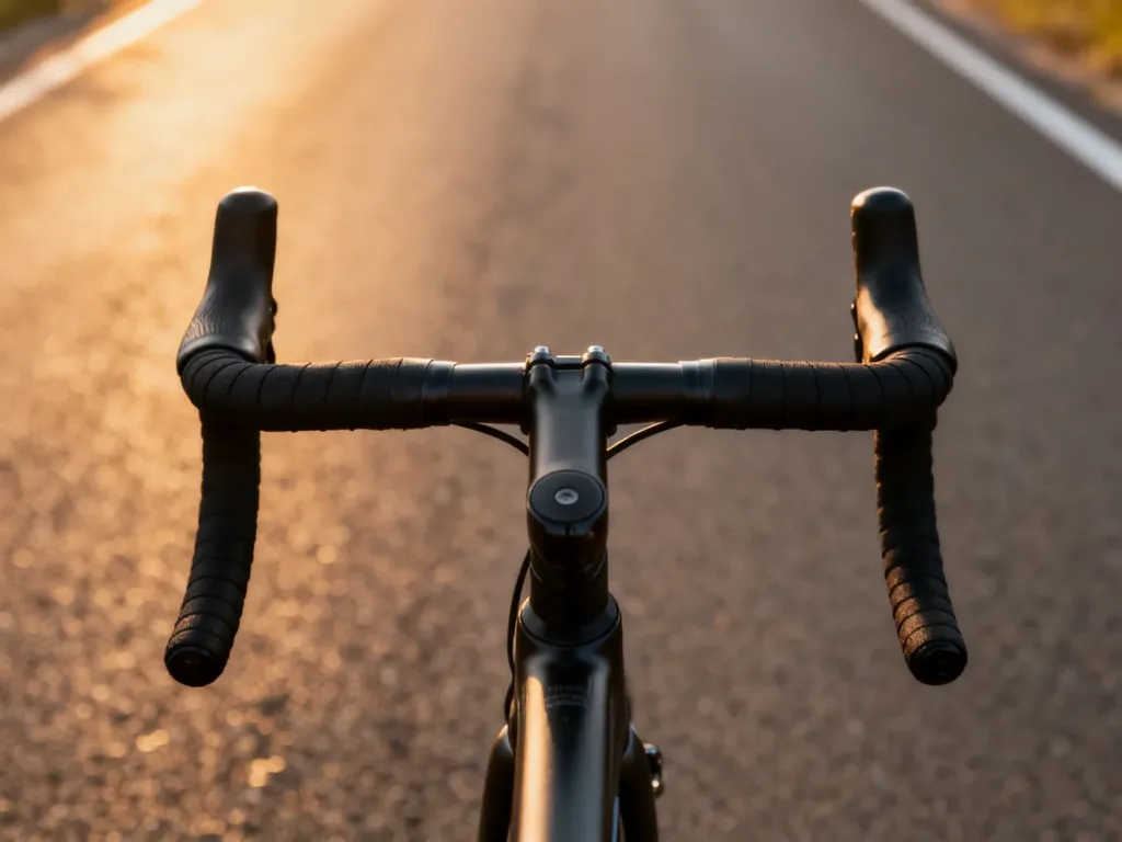 Widok z perspektywy rowerzysty na profesjonalną owijkę i klamkomanetki roweru szosowego podczas jazdy w blasku zachodzącego słońca.