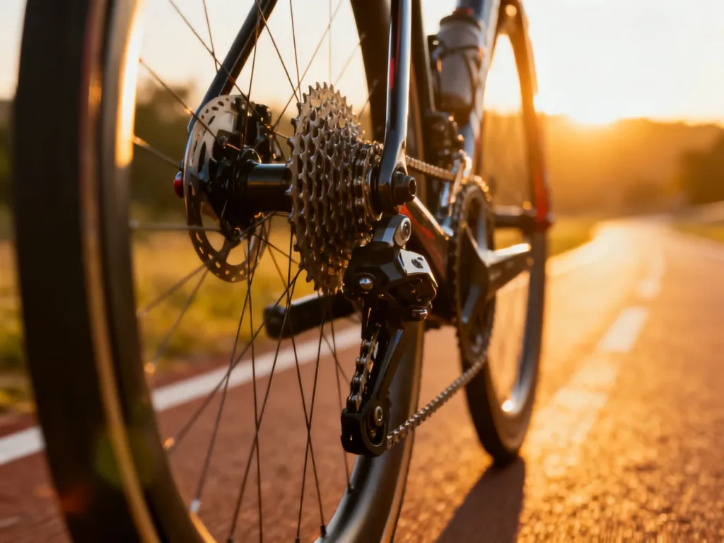 Zbliżenie na precyzyjny mechanizm napędu roweru szosowego na tle słonecznej ścieżki rowerowej.