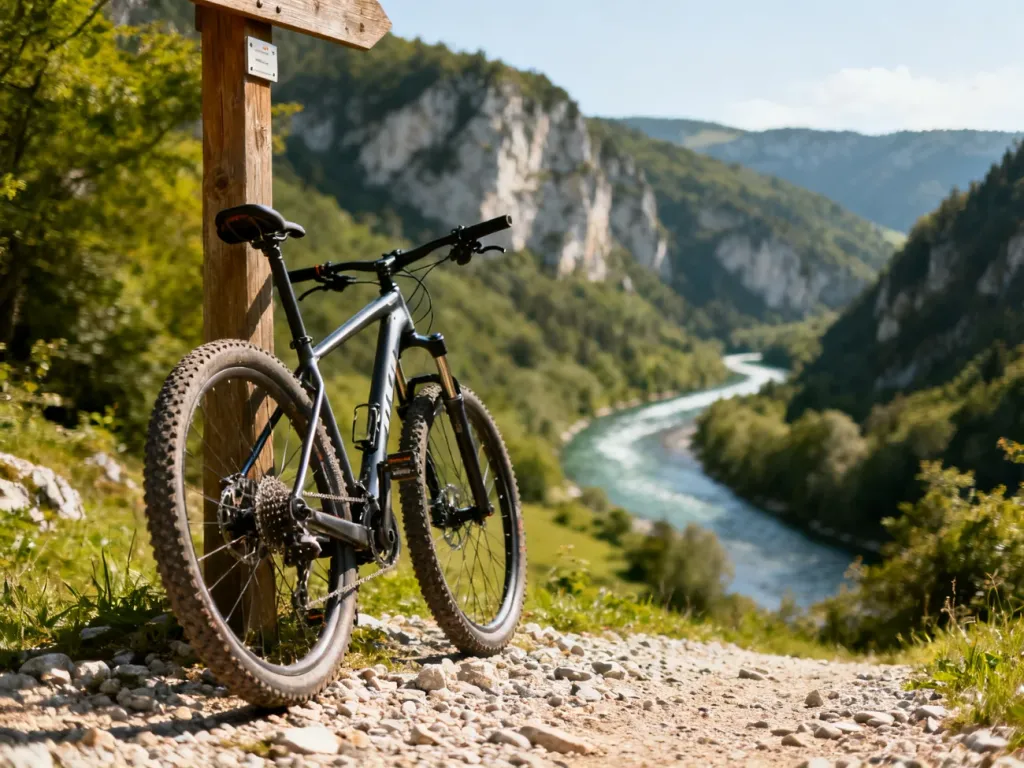 Nowoczesny rower trekkingowy zaparkowany na szutrowej ścieżce z widokiem na malowniczą dolinę Dunajca.