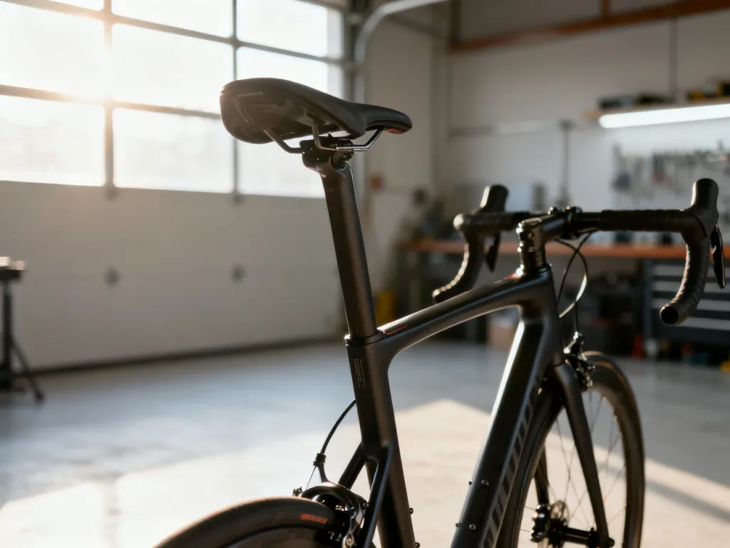 Profesjonalny bike fitting w nowoczesnym studiu, skupiający się na ustawieniu siodełka i kierownicy roweru szosowego.