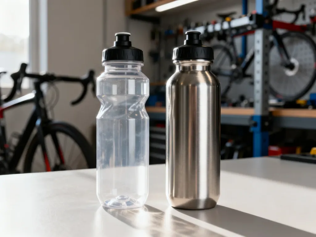 Przezroczysty bidon plastikowy i aluminiowy stojące obok siebie na minimalistycznym tle.