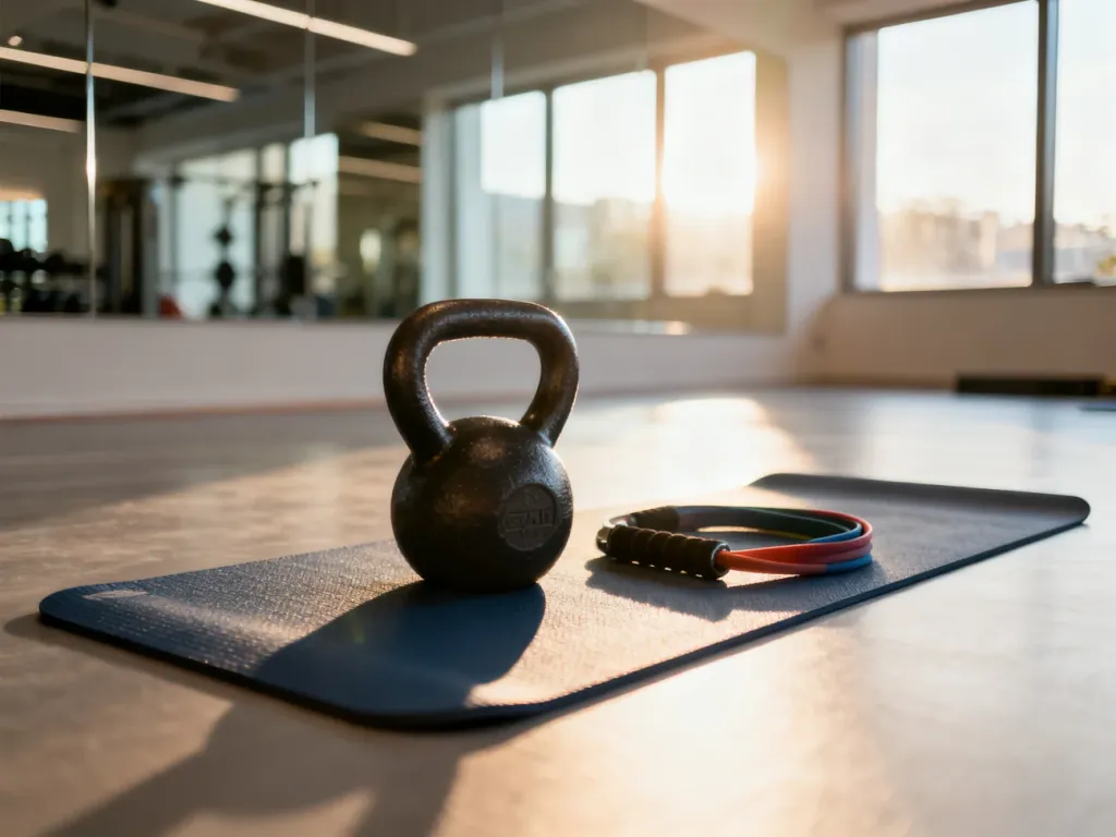 Sprzęt do ćwiczeń BPU, w tym kettlebell i taśma oporowa, przygotowany na macie w jasnym, profesjonalnym studiu fitness.