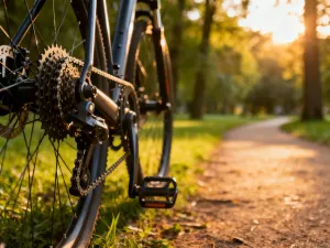 Kierownica roweru szosowego na tle parkowej ścieżki o zachodzie słońca, podkreślająca pasję do jazdy na rowerze.