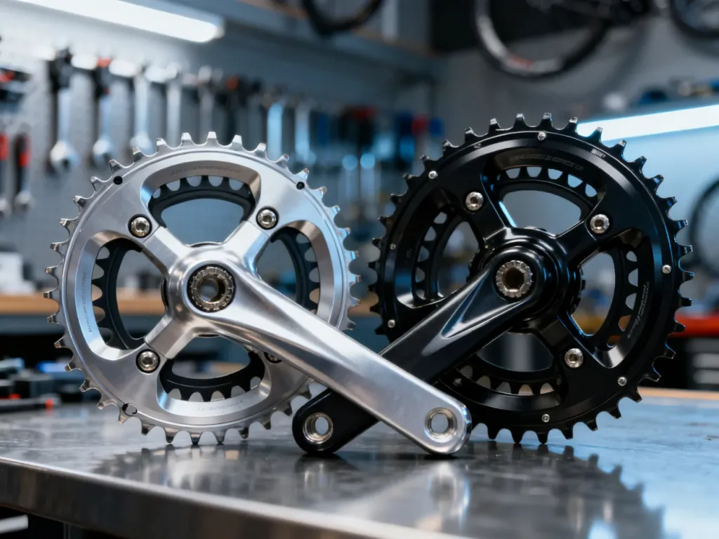 Porównanie dwóch wysokiej klasy korb rowerowych marek Suntour i Shimano na profesjonalnym stole warsztatowym.