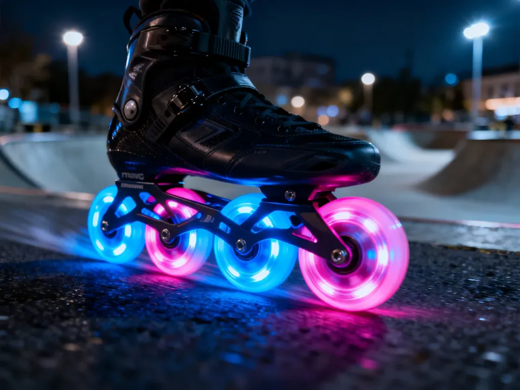 Zbliżenie na wirujące kółka do rolek świecące neonowym światłem na tle nocnego skateparku.