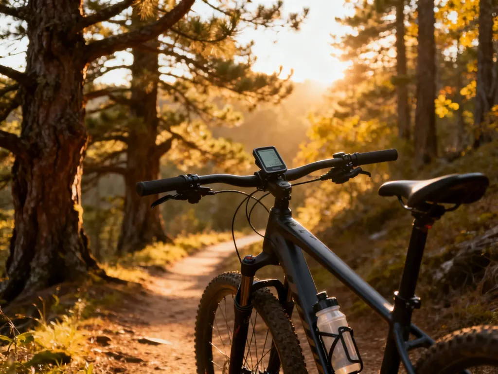 Profesjonalny rower trekkingowy z nawigacją GPS zaparkowany na leśnej ścieżce w promieniach zachodzącego słońca.