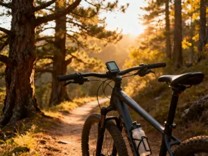 Profesjonalny zestaw rowerowy z kaskiem, mapą i narzędziami przygotowany do wyprawy na tle górskiej drogi w świetle zachodzącego słońca.