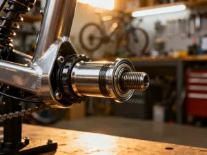 Zbliżenie na precyzyjny mechanizm napędu roweru szosowego na tle słonecznej ścieżki rowerowej.