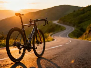 Profesjonalne okulary rowerowe spoczywające na kierownicy karbonowego roweru na tle słonecznej trasy.