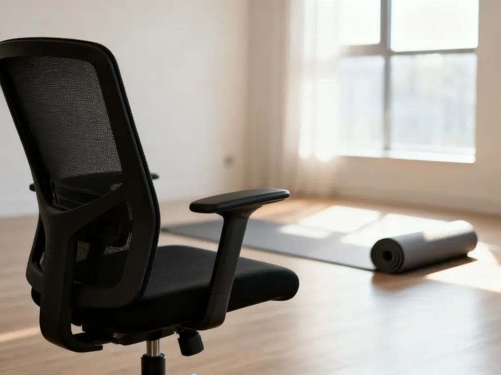 Ergonomiczne krzesło biurowe i zwinięta mata do jogi w jasnym, nowoczesnym biurze, zachęcające do aktywnych przerw w pracy.