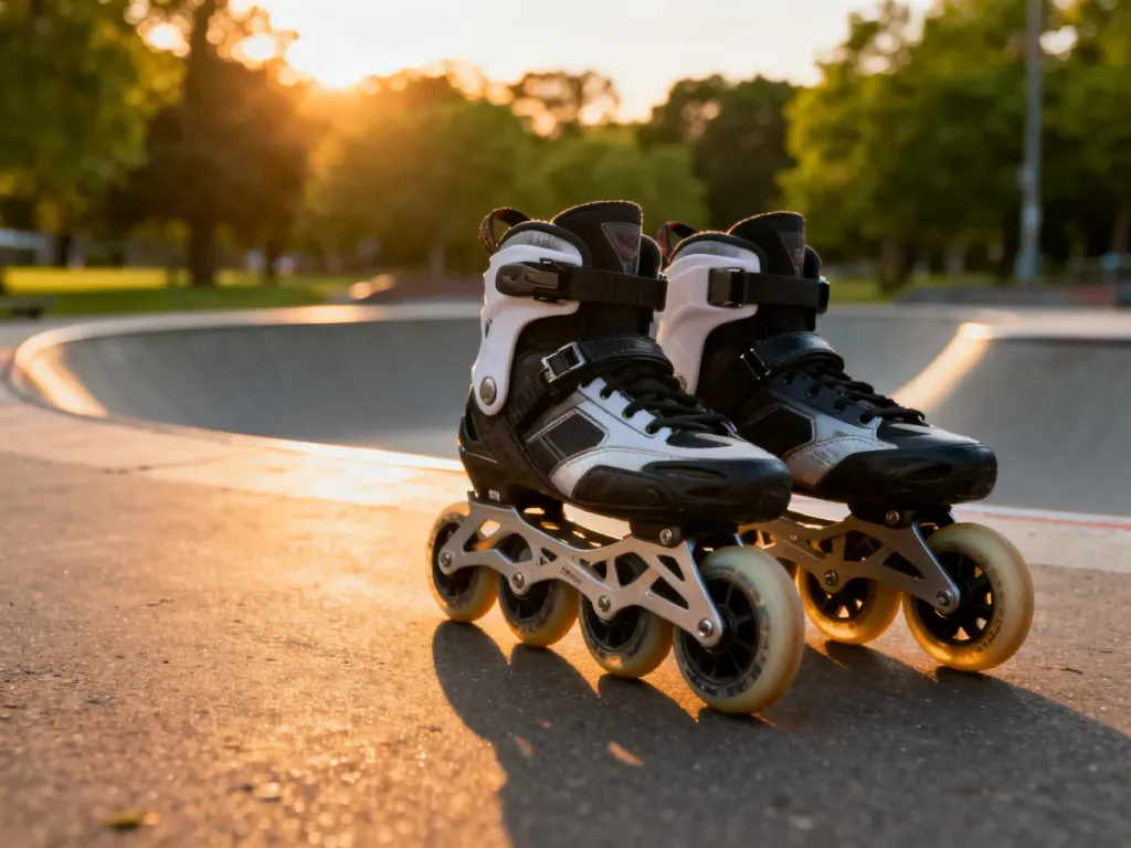 Profesjonalne rolki na asfalcie skateparku w ciepłym świetle zachodzącego słońca, zachęcające do rozpoczęcia nauki jazdy.