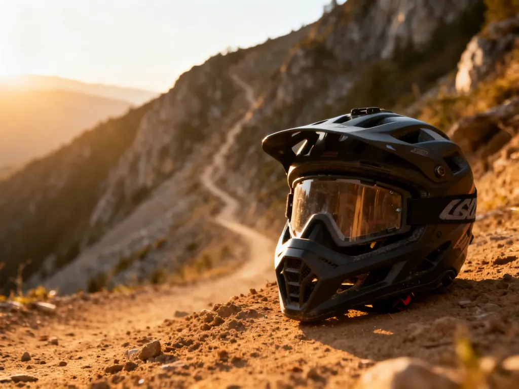 Kask rowerowy typu full face leżący na górskiej ścieżce na tle zachodzącego słońca.