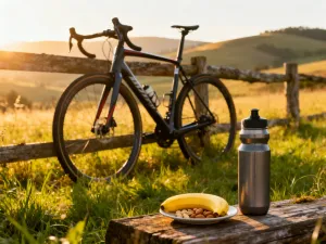 Zbliżenie na precyzyjny mechanizm napędowy roweru szosowego na tle rozmytej trasy rowerowej w świetle zachodzącego słońca.