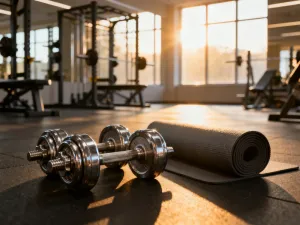 Nowoczesne studio fitness z matą do jogi i taśmami oporowymi, przygotowane do treningu ABT na jasnej podłodze.