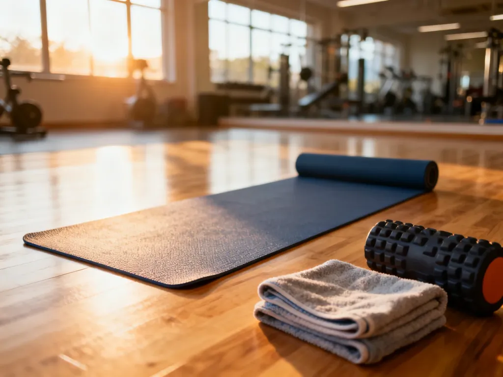 Mata do jogi, wałek do masażu i ręczniki na drewnianej podłodze w słonecznym studiu fitness przygotowane do ćwiczeń.