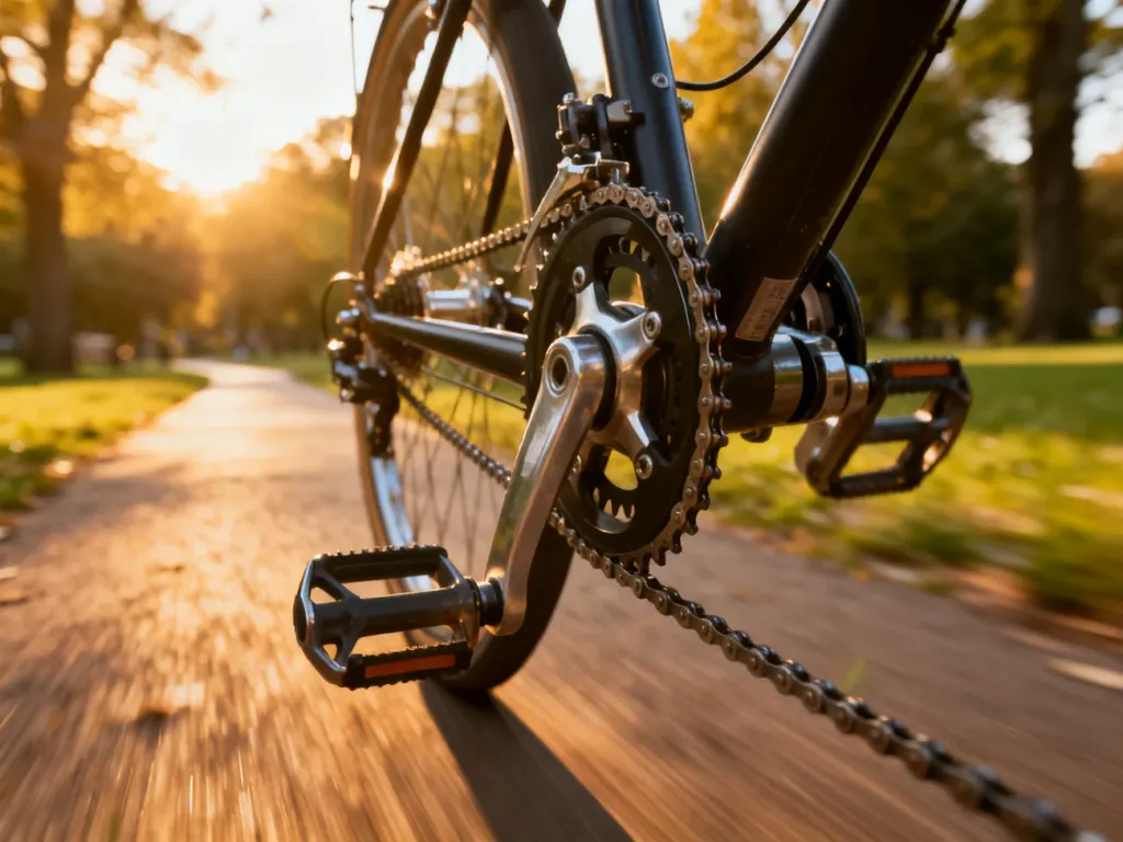 Zbliżenie na napęd roweru w ruchu na tle słonecznej parkowej alejki, ilustrujące mechanikę jazdy.