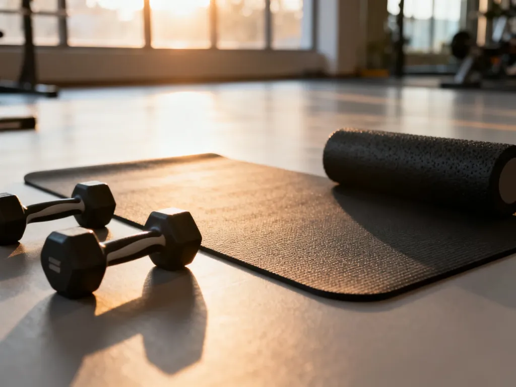 Profesjonalna mata do ćwiczeń, hantle i roller w słonecznym studiu fitness, przygotowane do treningu mięśni core.