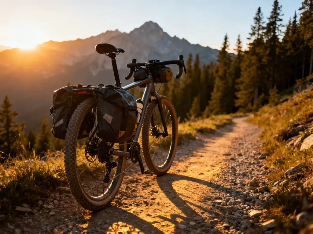 Rower gravelowy z sakwami wyprawowymi na górskim szlaku o zachodzie słońca, gotowy do przygody bikepackingowej.