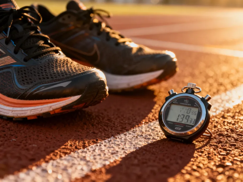 Profesjonalny stoper i buty biegowe na bieżni lekkoatletycznej w blasku zachodzącego słońca, symbolizujące przygotowania do zawodów.