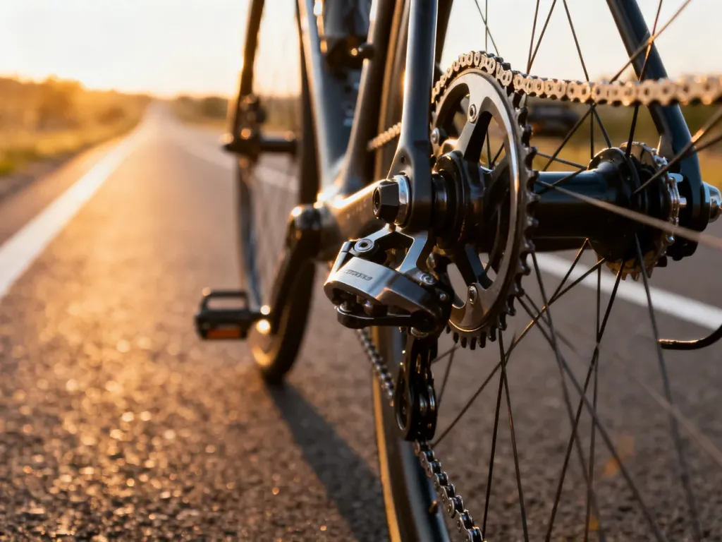 Zbliżenie na precyzyjny mechanizm napędowy roweru szosowego na tle rozmytej trasy rowerowej w świetle zachodzącego słońca.