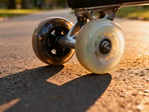 Profesjonalne czarno-żółte rolki freestyle ustawione na asfalcie skateparku w świetle zachodzącego słońca.