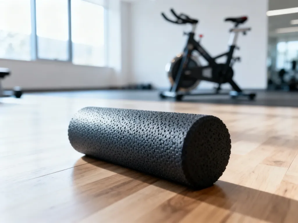 Profesjonalny roller do masażu mięśni na drewnianej podłodze w sali fitness z rowerem stacjonarnym w tle.
