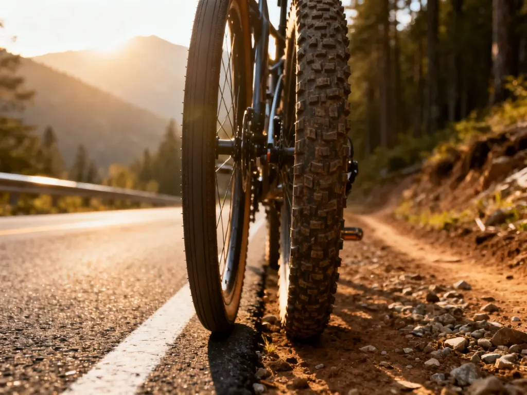 Porównanie gładkiej opony szosowej na asfalcie oraz terenowej opony MTB na szutrze, ilustrujące różnice między typami rowerów.