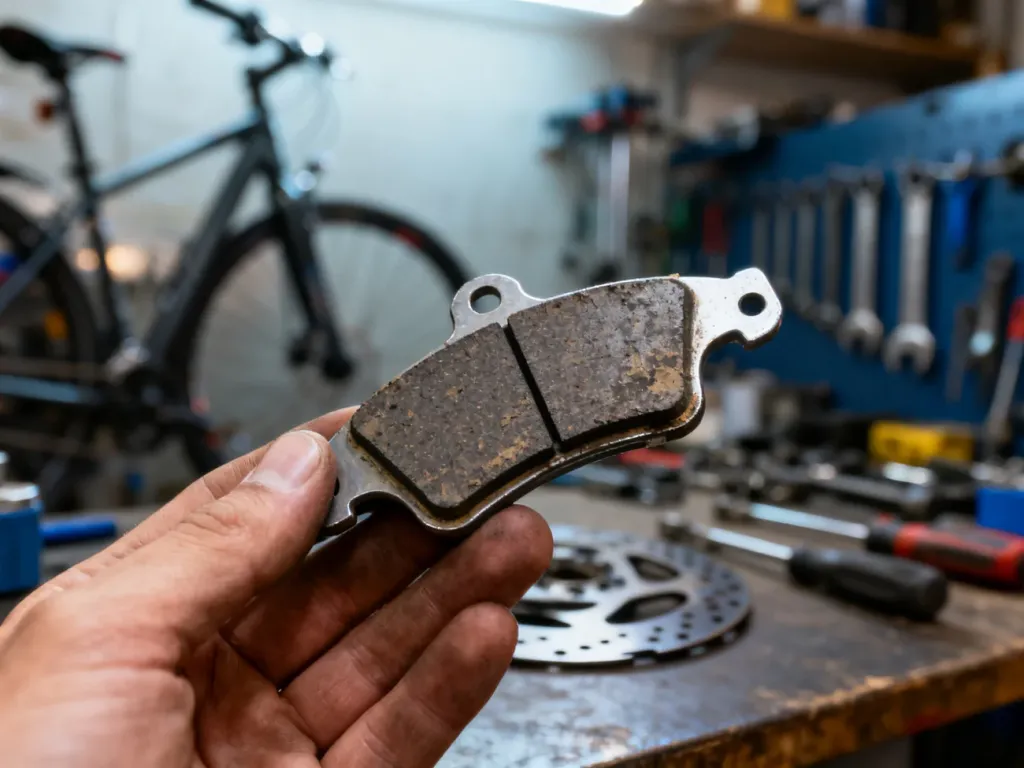 Zużyty klocek hamulcowy z widoczną cienką warstwą cierną, trzymany przez mechanika w profesjonalnym serwisie rowerowym.