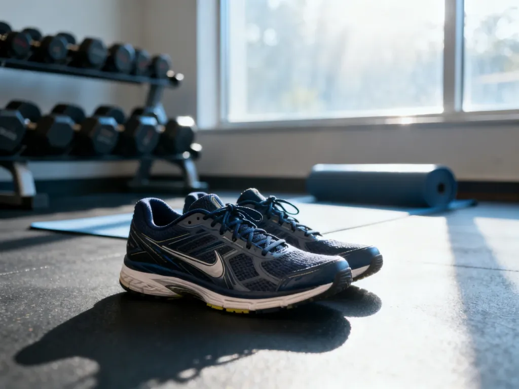 Sportowe buty na siłowni w porannym świetle, zachęcające do rozpoczęcia treningu.