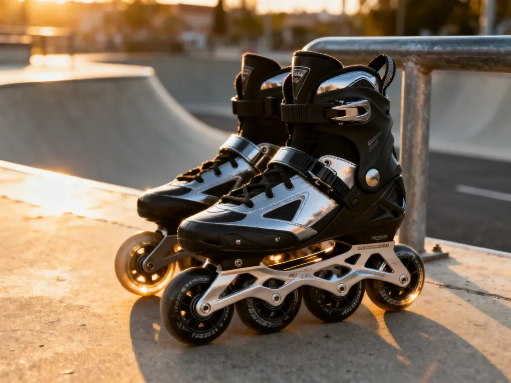 Nowoczesne rolki freeskate ustawione na betonowej nawierzchni skateparku w świetle zachodzącego słońca.